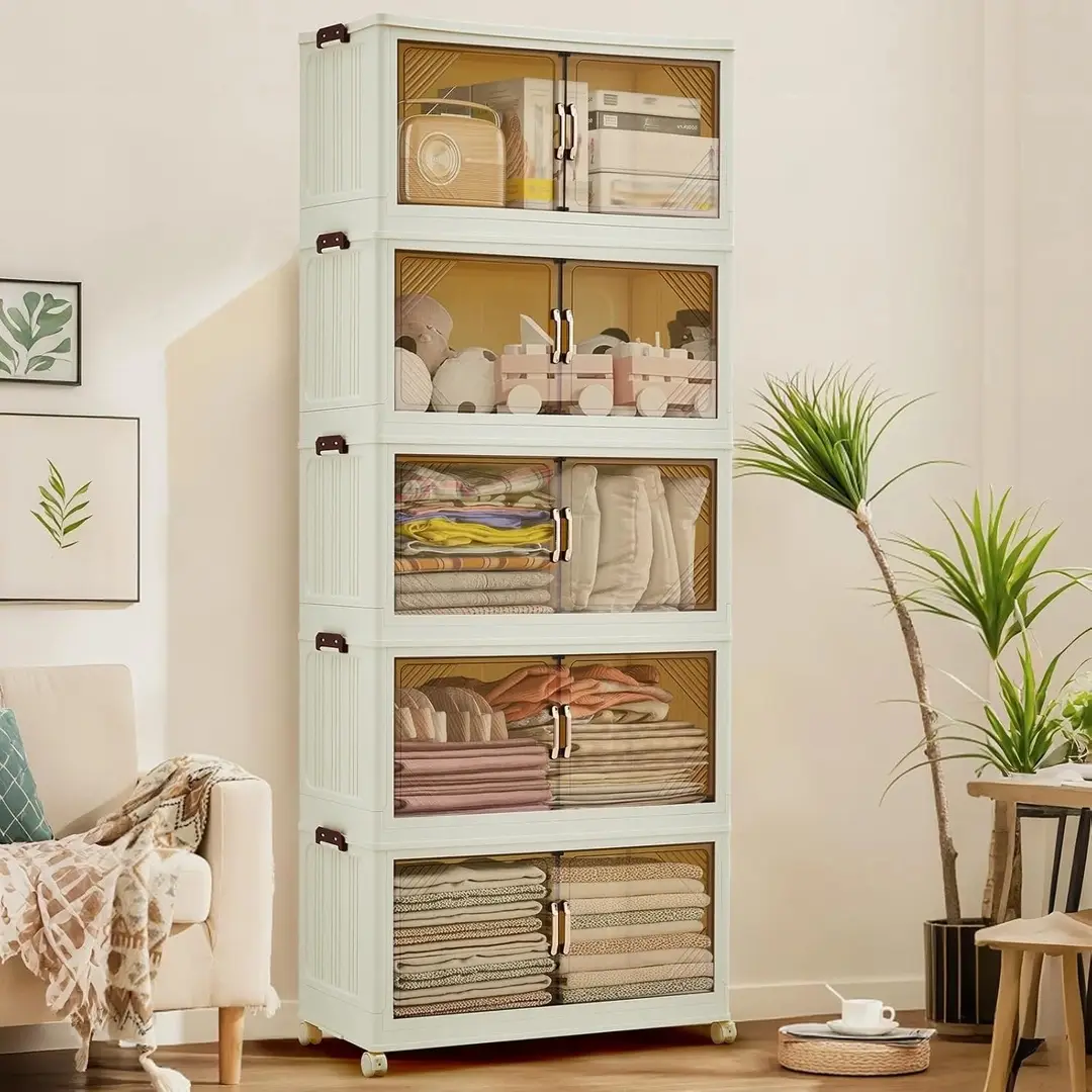 5-tier foldable storage boxes with lid stacked in a living room